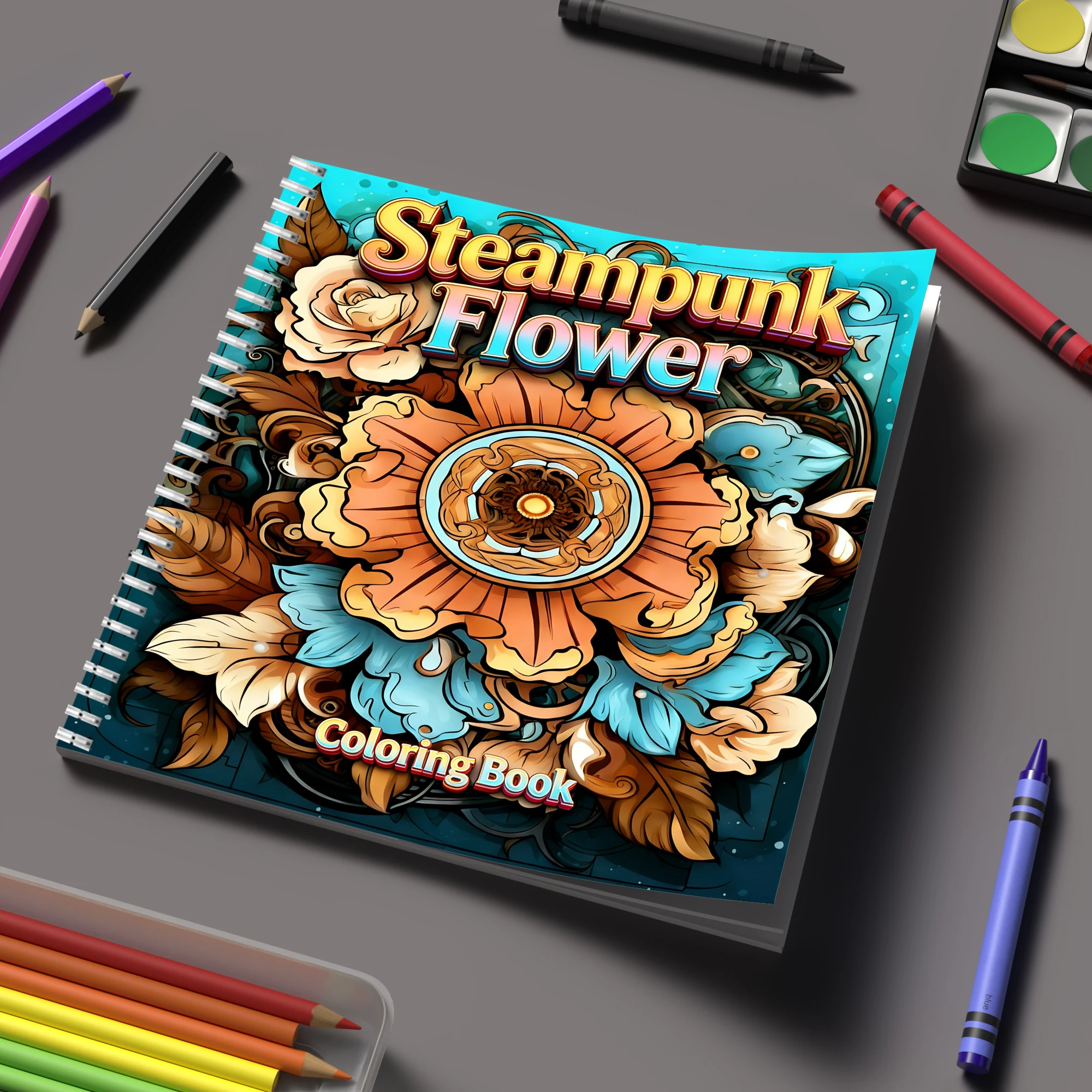 Adult Coloring Book Stress Relief - Книга-раскраска «Цветы в стиле стимпанк» для